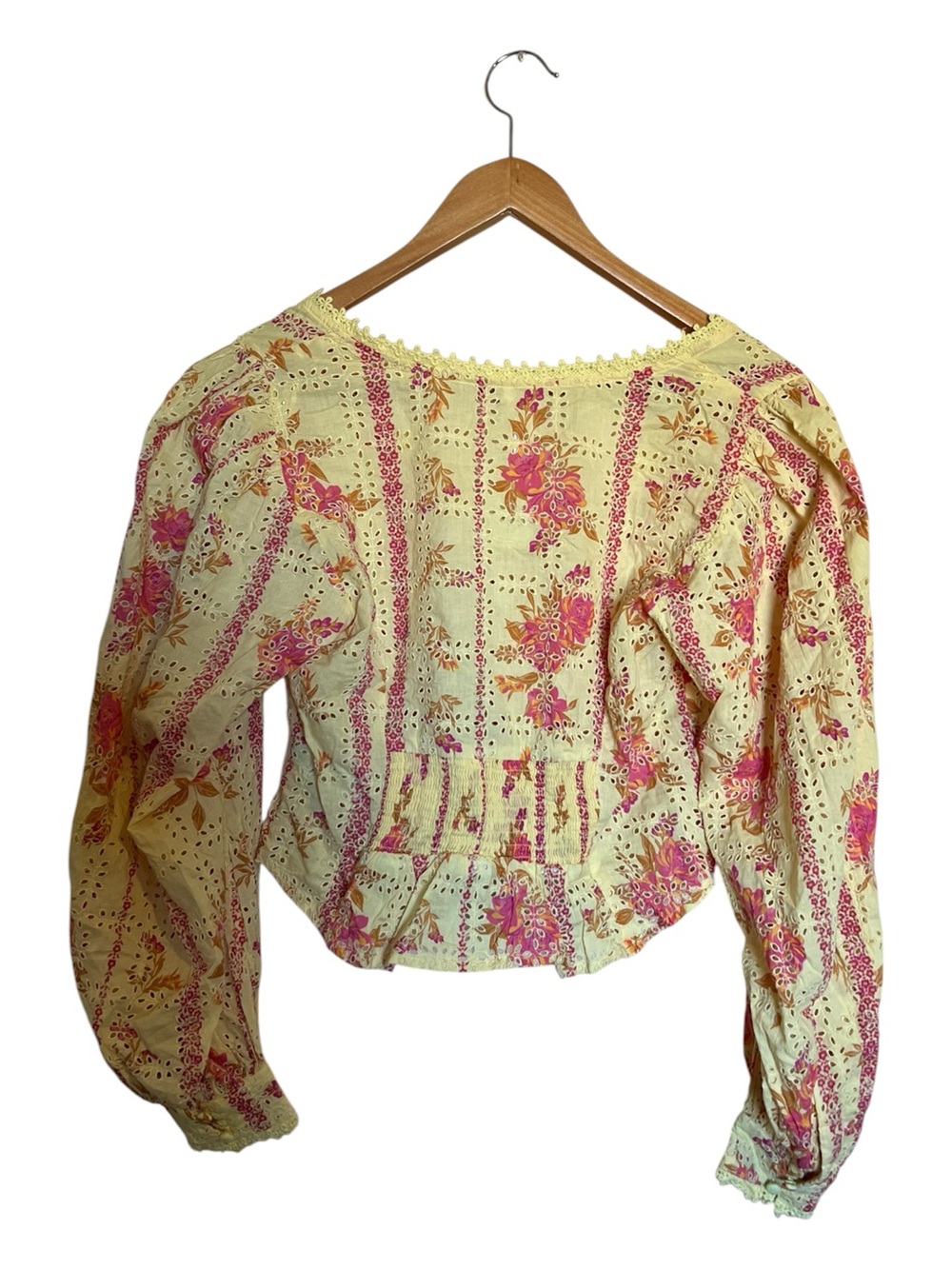 Free People Yellow Floral Eyelet Peplum Blouse size Small - Picture 3 of 3